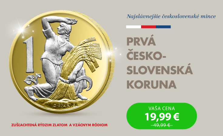Pôvodná prvorepubliková jednokorunáčka, zušľachtená rýdzim zlatom a vzácnym ródiom.
