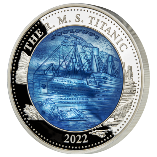 Titanic – 110 let, strieborná minca 5 oz Proof s modrou perleťou