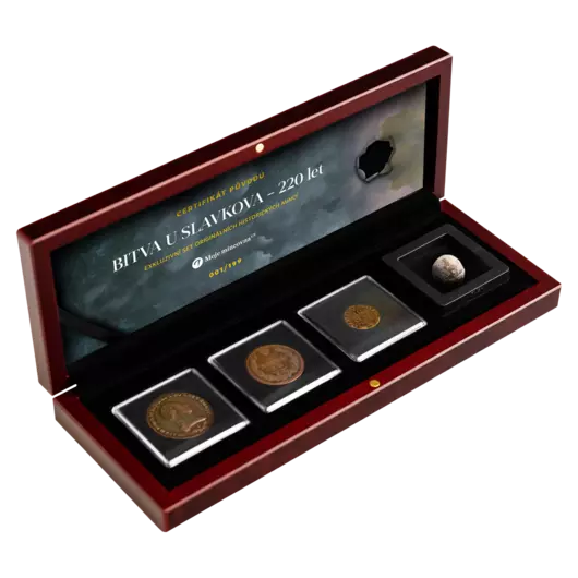 Bitka pri Slavkove – Luxusná sada mincí a guľky z muškety